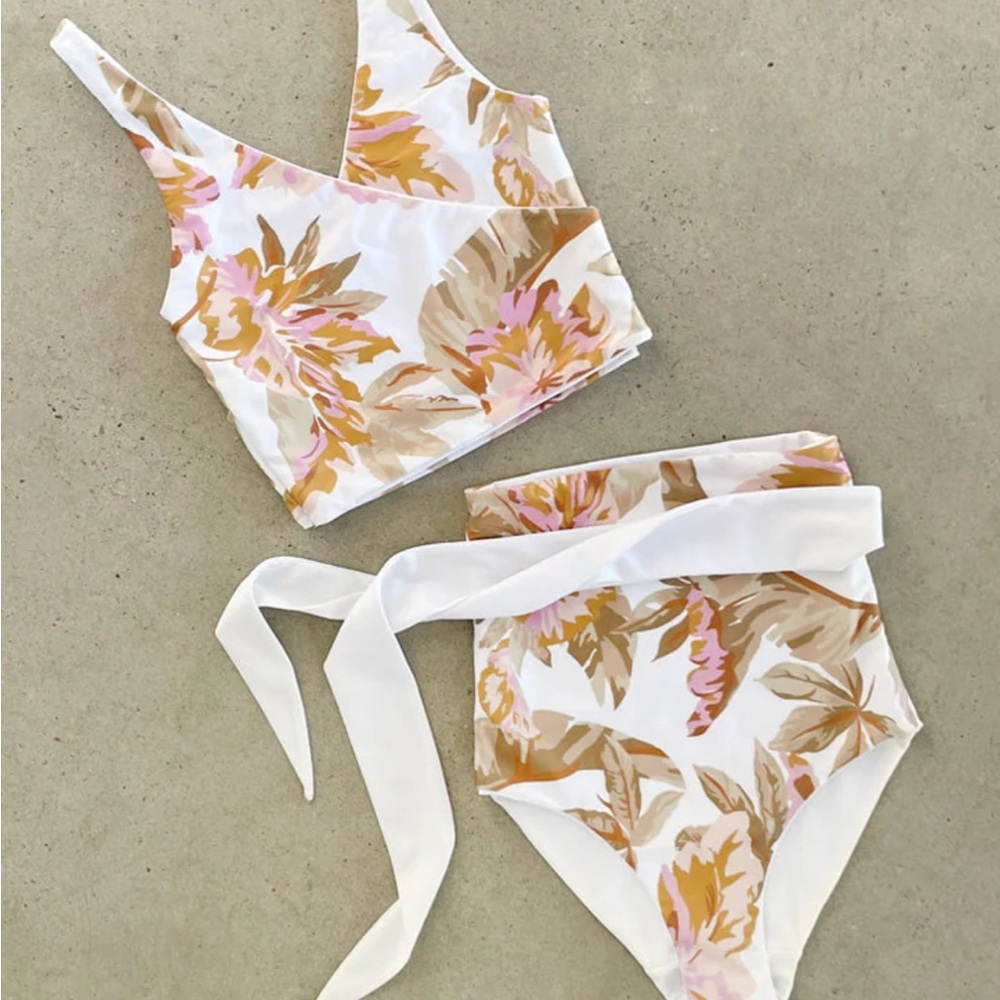 Floral Print Bikini Set - White and Tan